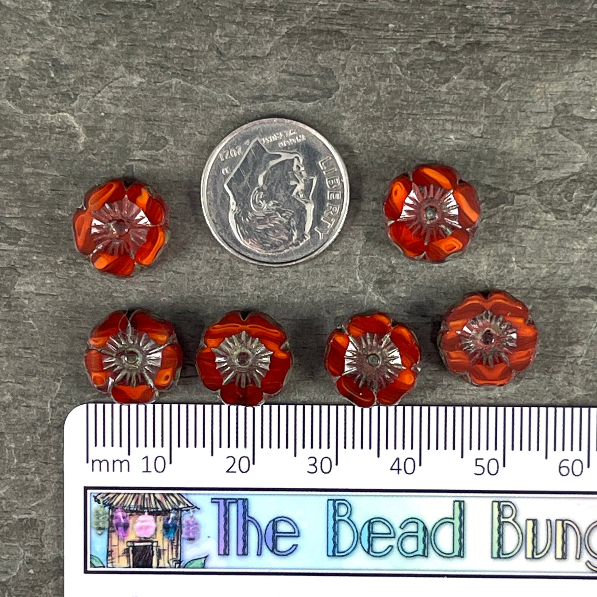 Czech Glass Beads - 12mm Dark Orange Hibiscus Flower Beads ~ Reddish Orange Two-Tone Glass with Picasso Finish (FL12/RJ-1148) * Qty. 6