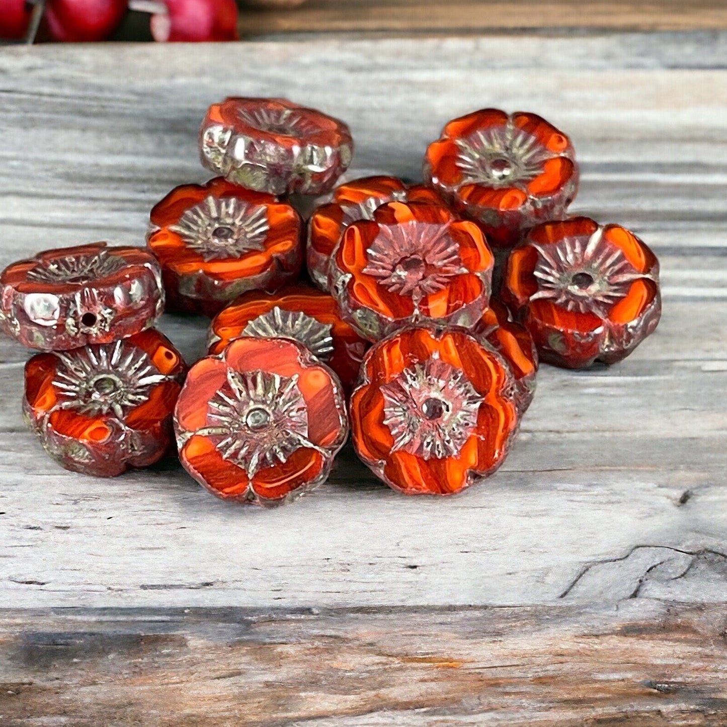 Czech Glass Beads - 12mm Dark Orange Hibiscus Flower Beads ~ Reddish Orange Two-Tone Glass with Picasso Finish (FL12/RJ-1148) * Qty. 6