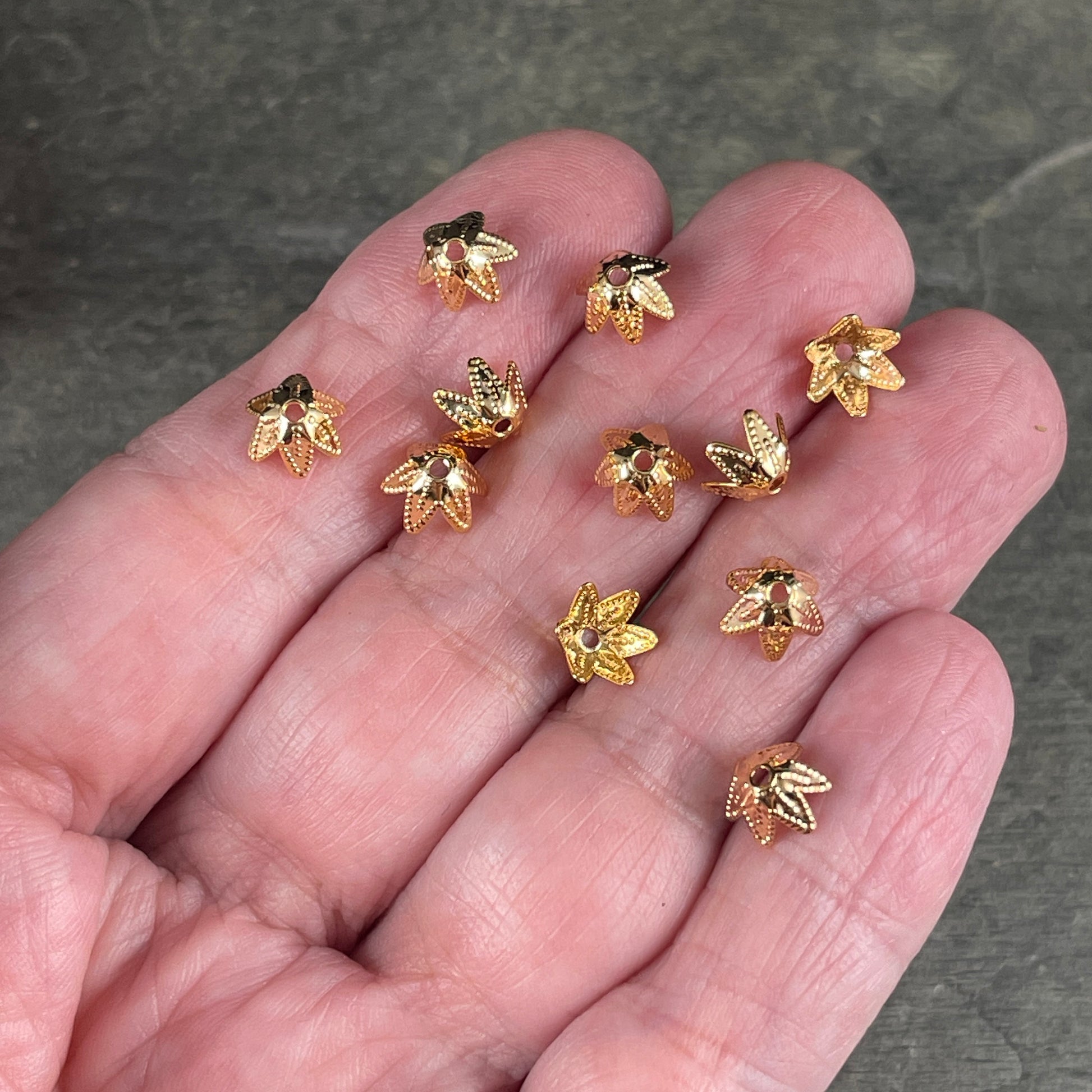 7mm Gold Bead Caps ~ Tapered Petal, Cone Shaped Bead Caps ~ Gold Plated Brass Bead Caps (BC-5592) * Qty. 30
