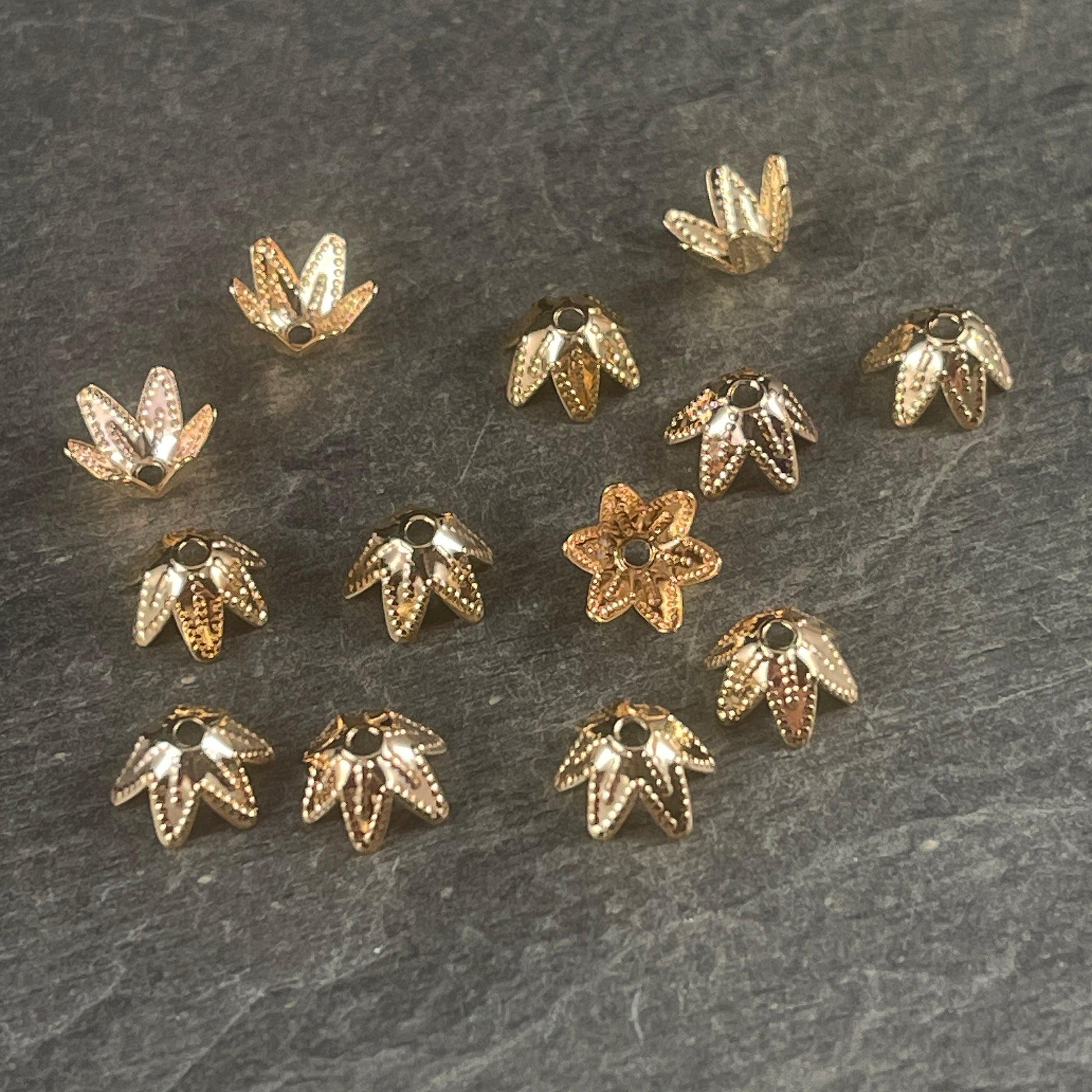 7mm Gold Bead Caps ~ Tapered Petal, Cone Shaped Bead Caps ~ Gold Plated Brass Bead Caps (BC-5592) * Qty. 30