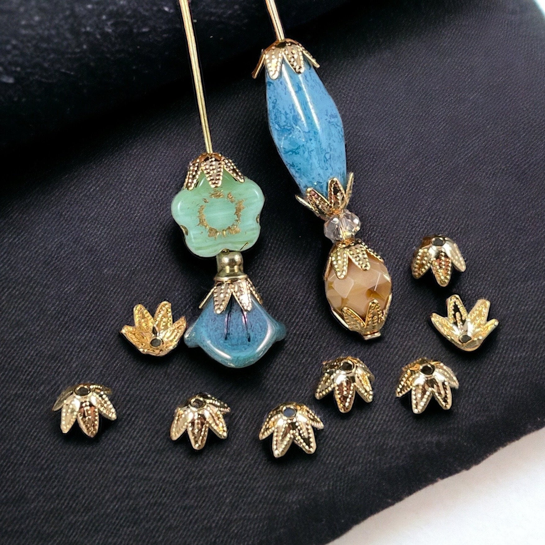 7mm Gold Bead Caps ~ Tapered Petal, Cone Shaped Bead Caps ~ Gold Plated Brass Bead Caps (BC-5592) * Qty. 30