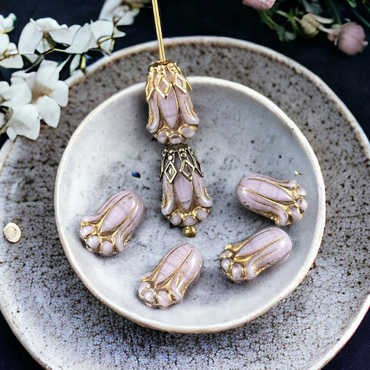 Light Purple Lily Bud Beads with Gold Wash, Czech Glass Beads, 12x8mm Flower Bud (LBud13) * Qty. 12