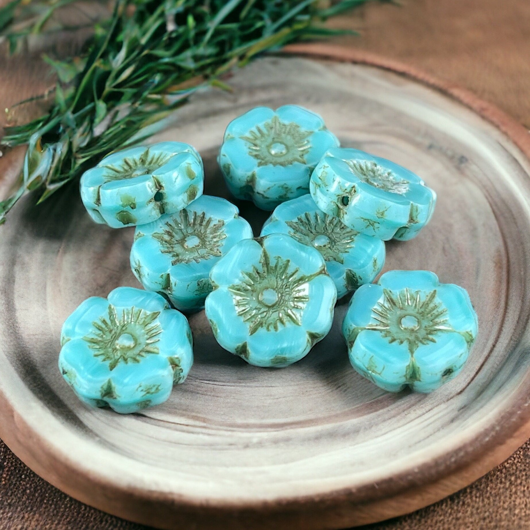 Turquoise Silk Picasso Flower Czech Glass Flower Beads 12mm Hibiscus Flower Turquoise Glass with Flax Picasso (FL12/RJ-1150) * Qty. 6