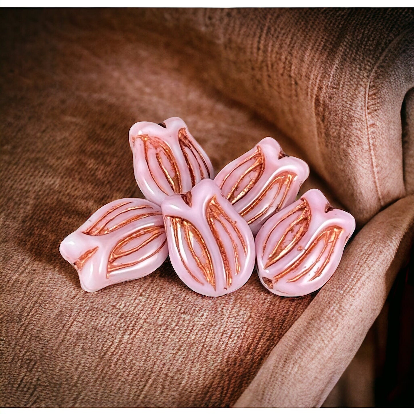 Pink Silk Glass Flower, Czech Glass Flower, 16x11 Tulip Beads, Czech Glass Beads, Pink and White Flower with Copper Wash (PTul-3) * Qty. 4