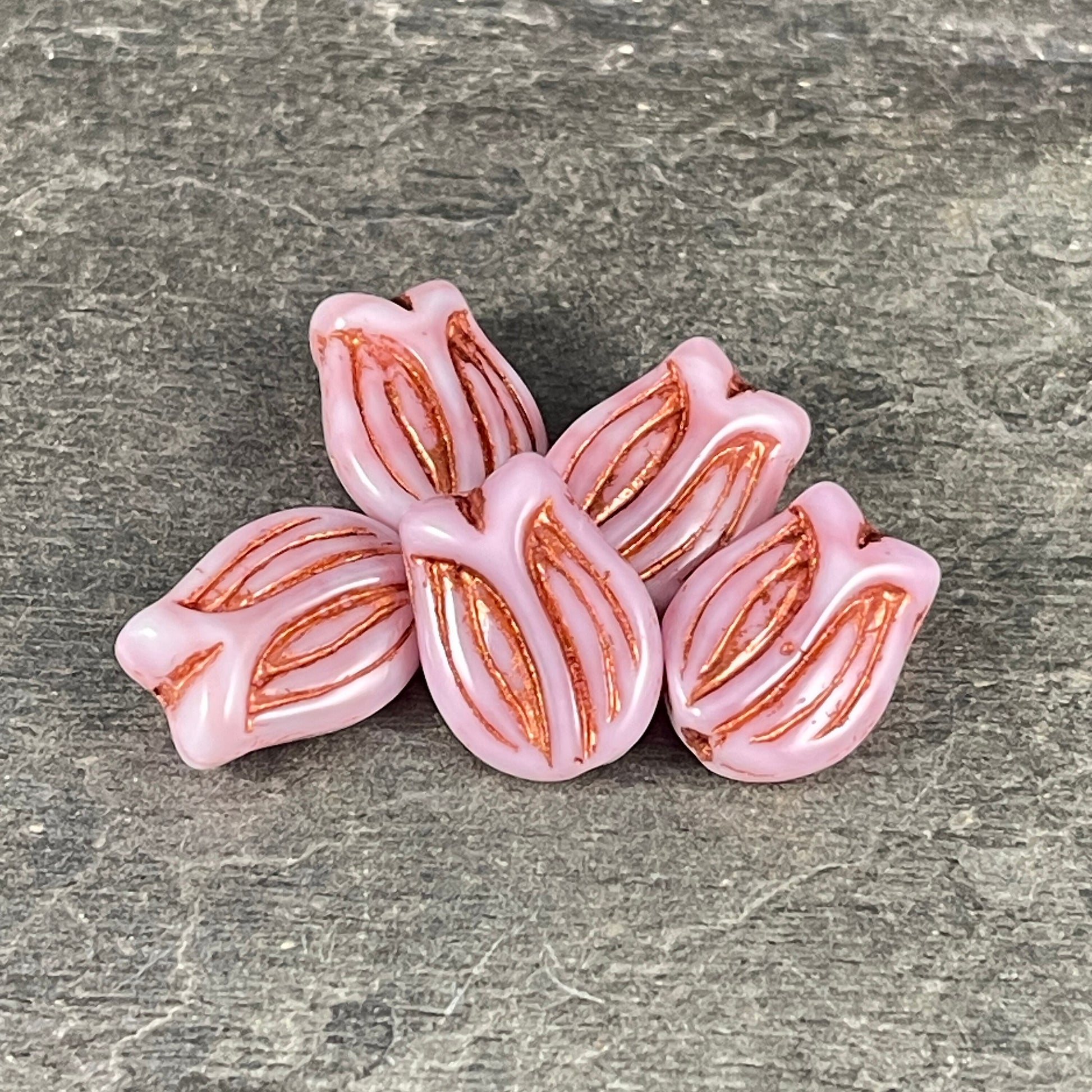 Pink Silk Glass Flower, Czech Glass Flower, 16x11 Tulip Beads, Czech Glass Beads, Pink and White Flower with Copper Wash (PTul-3) * Qty. 4