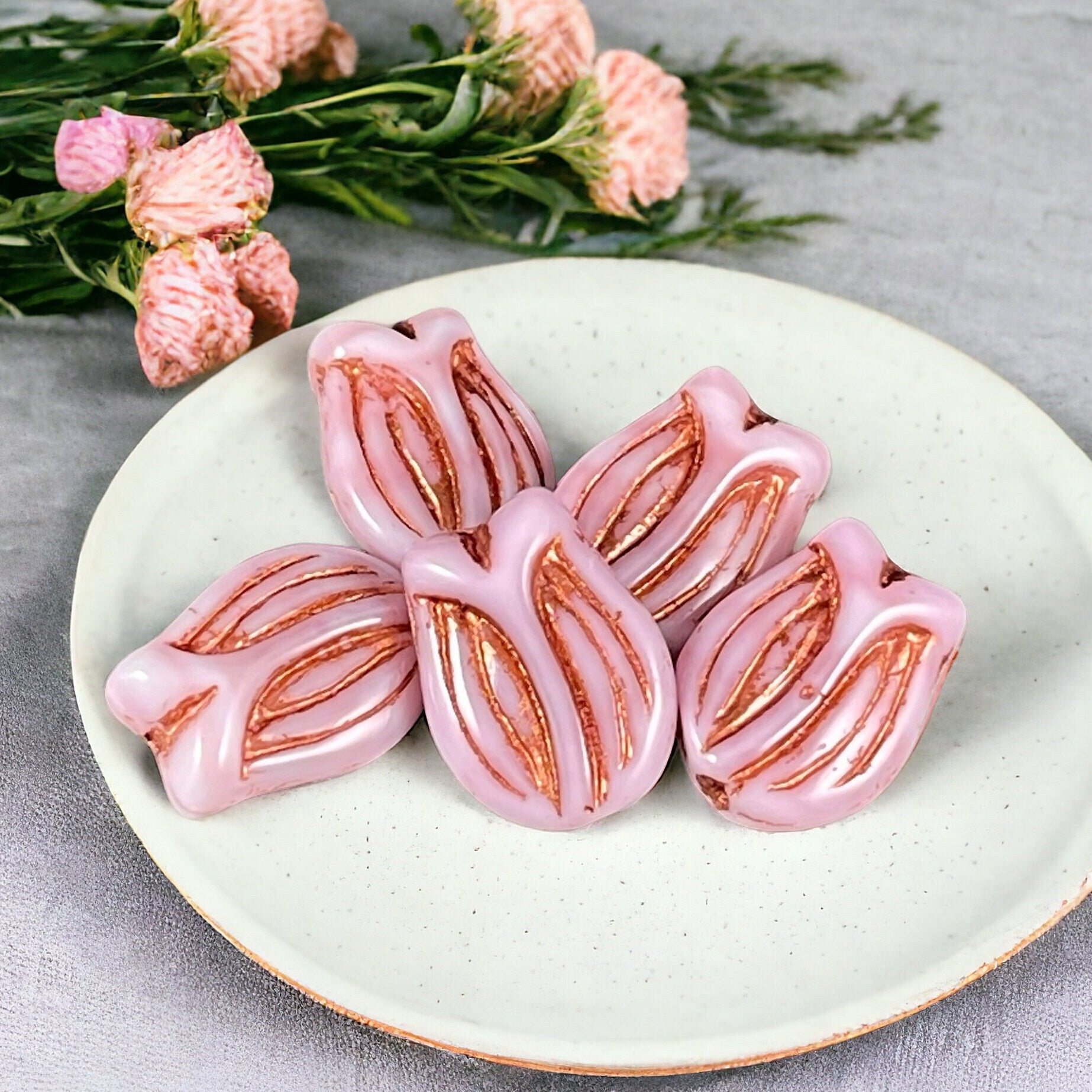 Pink Silk Glass Flower, Czech Glass Flower, 16x11 Tulip Beads, Czech Glass Beads, Pink and White Flower with Copper Wash (PTul-3) * Qty. 4