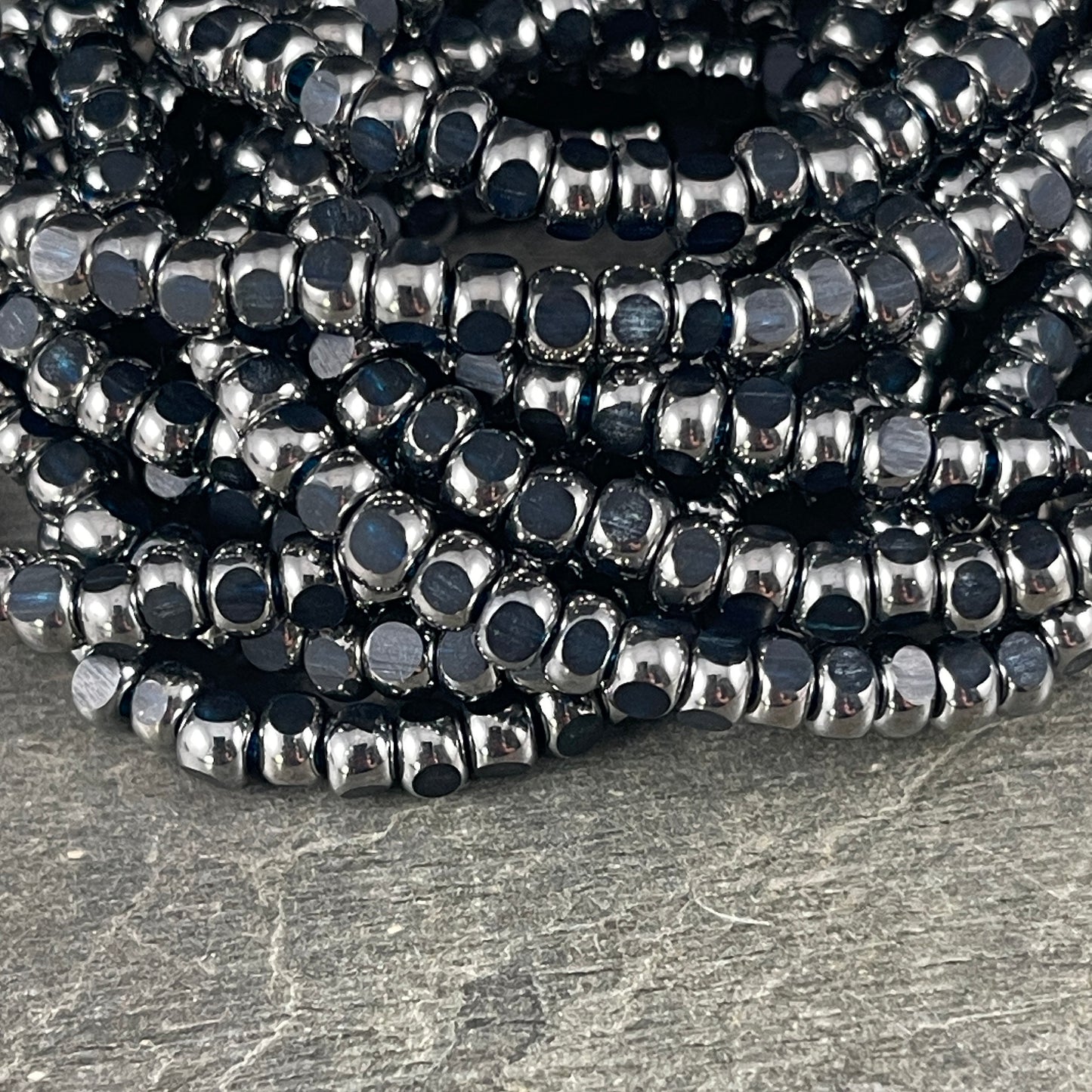 Dark Blue and Silver Tri-Cut Faceted Czech Glass Seed Bead - 4x3mm Deep Blue Transparent with Silver Picasso (TRICA/RJ-2776) * Qty. 50