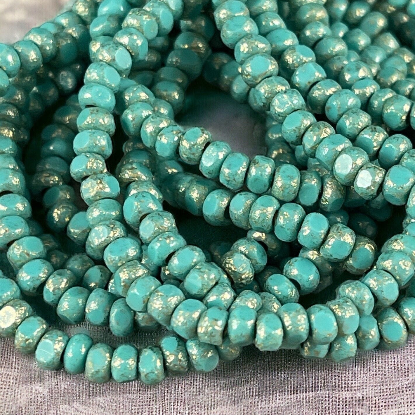 Turquoise Tri Cut Faceted Czech Glass Seed Beads - 4x3mm Opaque Turquoise Beads with Etched Gold Finish (TRICA/RJ-2786) * Qty. 50