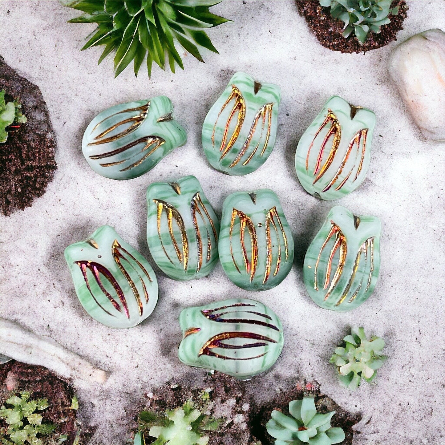 Green Flower Beads, Czech Glass Beads ~ 16x11 Tulip Beads ~ Matte Green and White Glass with Metallic Iris Finish (PTul-x2) * Qty. 4