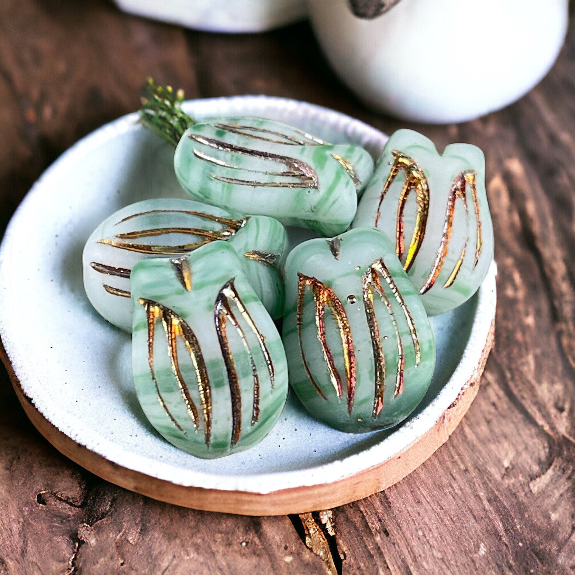 Green Flower Beads, Czech Glass Beads ~ 16x11 Tulip Beads ~ Matte Green and White Glass with Metallic Iris Finish (PTul-x2) * Qty. 4