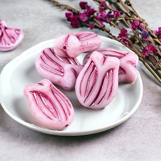 Pink Glass Flower Beads, Czech Glass Beads ~ 16x11 Tulip Beads ~ Pink and White Matte Glass with Metallic Pink Finish (PTul-x1) * Qty. 4