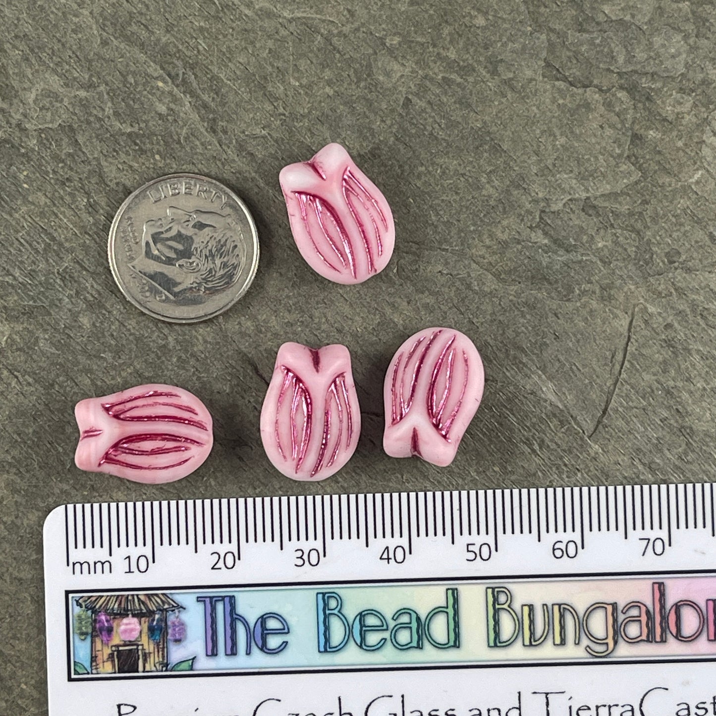 Pink Glass Flower Beads, Czech Glass Beads ~ 16x11 Tulip Beads ~ Pink and White Matte Glass with Metallic Pink Finish (PTul-x1) * Qty. 4