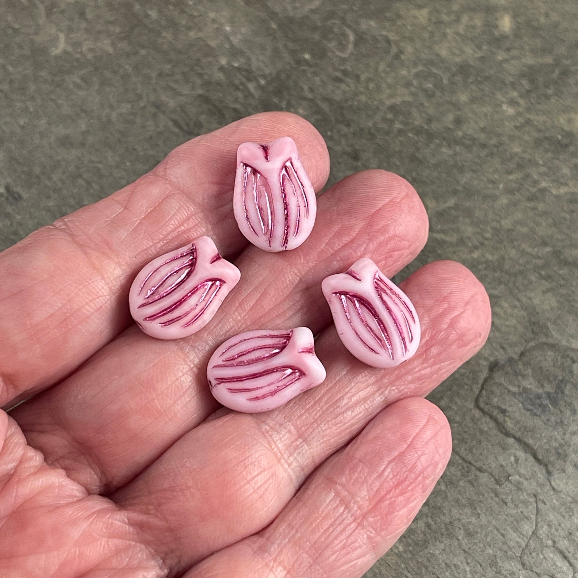 Pink Glass Flower Beads, Czech Glass Beads ~ 16x11 Tulip Beads ~ Pink and White Matte Glass with Metallic Pink Finish (PTul-x1) * Qty. 4