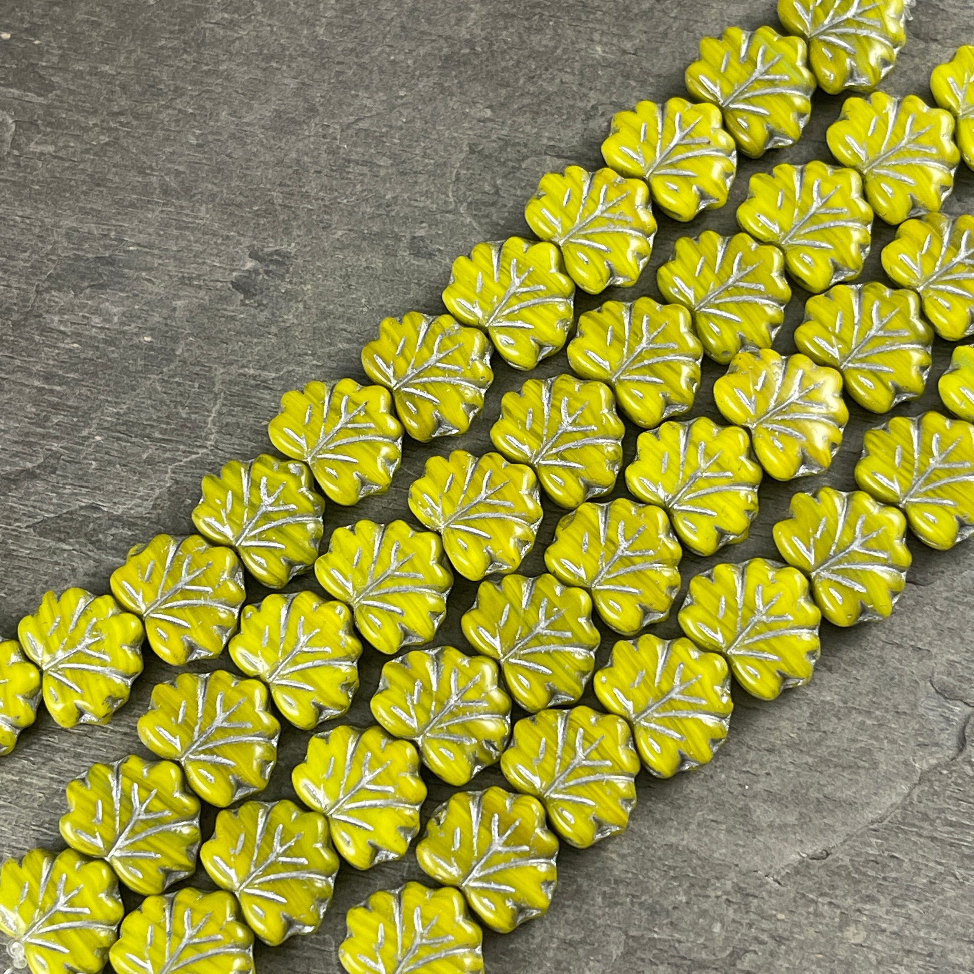Bright Green Maple Leaf Beads, Czech Glass Beads, 10x13mm Opaque Chartreuse with Silver Wash (ML-x1) * Qty. 12