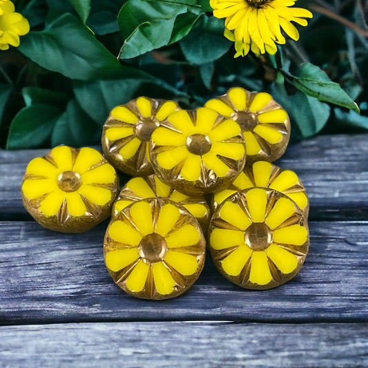 Bright Lemon Yellow Sunflower Coin Beads with Bronze Picasso - 12mm Flat Coin Flower Beads - Czech Glass Beads (TCF-x1) * Qty. 6