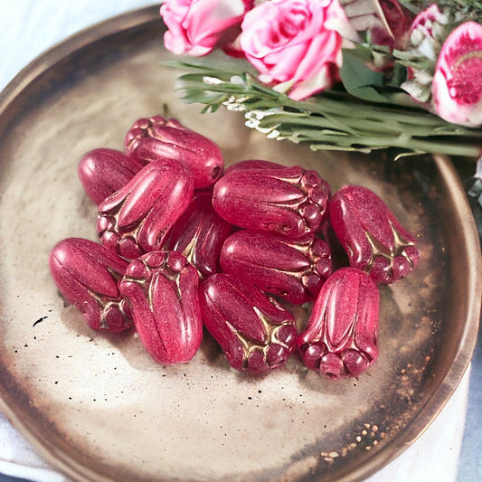 Fuchsia Flower, Czech Glass Beads, 12x8mm Lily Bud Flower, Milky Fuchsia Pink Flower Bead (LBud3) Czech Glass Flower * Qty. 12