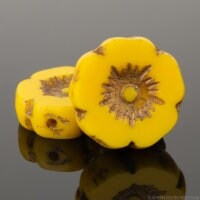 Czech Glass Beads - 12mm Dark Yellow Hibiscus Flower Beads ~ Opaque Yellow Glass with Bronze Wash (FL12/RJ-1178) * Qty. 6