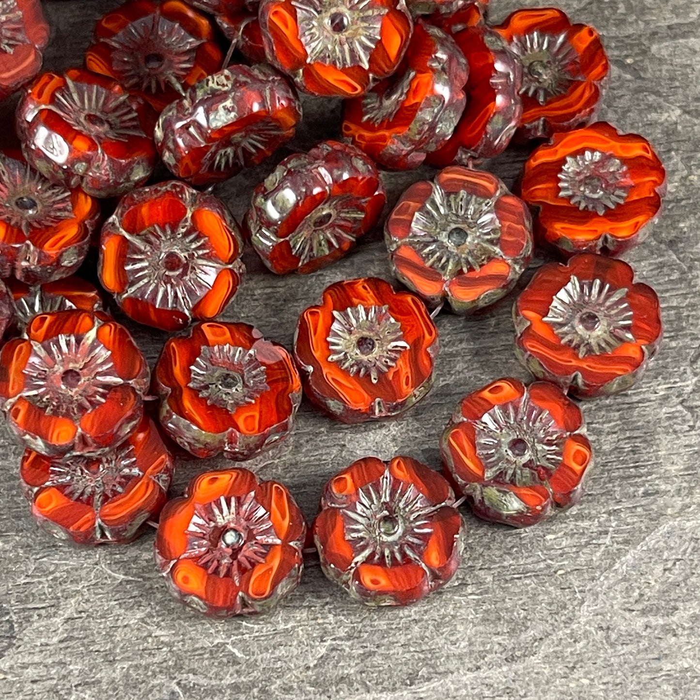 Czech Glass Beads - 12mm Dark Orange Hibiscus Flower Beads ~ Reddish Orange Two-Tone Glass with Picasso Finish (FL12/RJ-1148) * Qty. 6