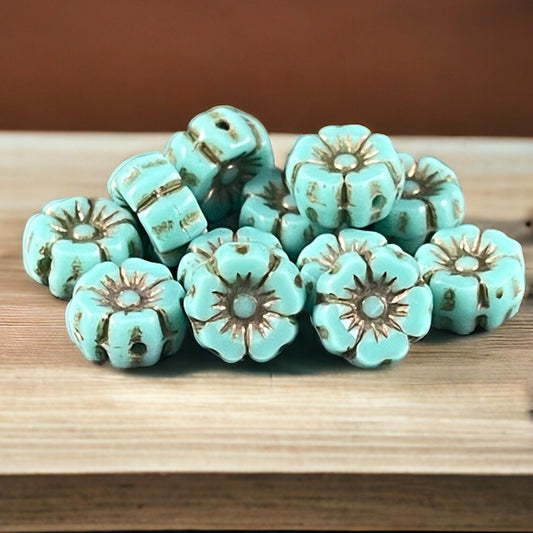 Tiny 7mm Flower Beads ~ Turquoise Hibiscus Flowers with Dark Bronze Wash, Turquoise Blue Czech Glass Beads (FL7/RJ-1194) * Qty. 12