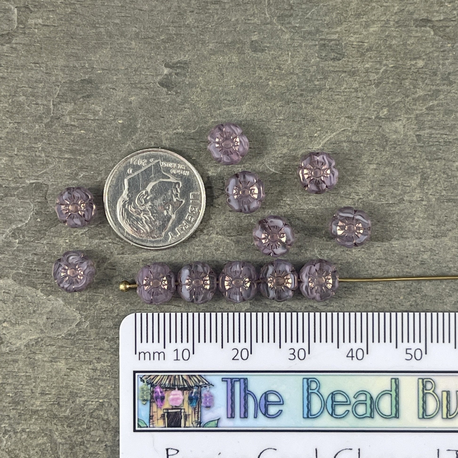 Tiny 7mm Hibiscus Flower, Lavender Opaline Czech Glass Hibiscus Bead with Bronze Finish, Purple Flower Beads (FL7/RJ-1216) * Qty. 12