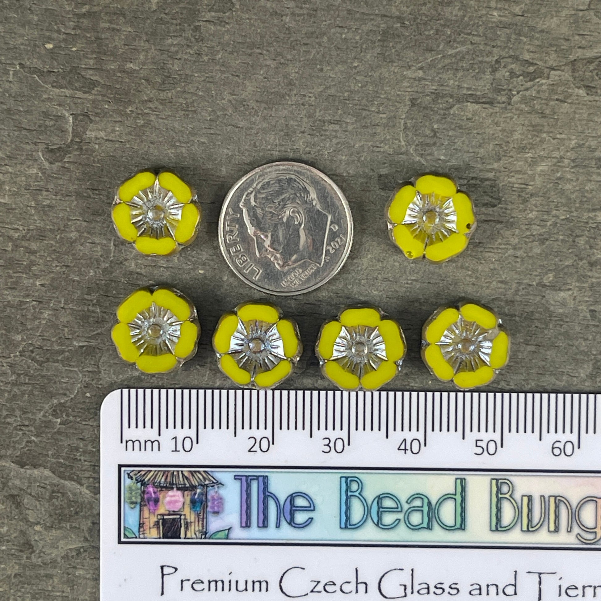 Czech Glass Beads - 12mm Chartreuse Hibiscus Flower Beads ~ Opaque Yellowish Green Glass with Picasso and AB (FL12/RJ-1192) * Qty. 6