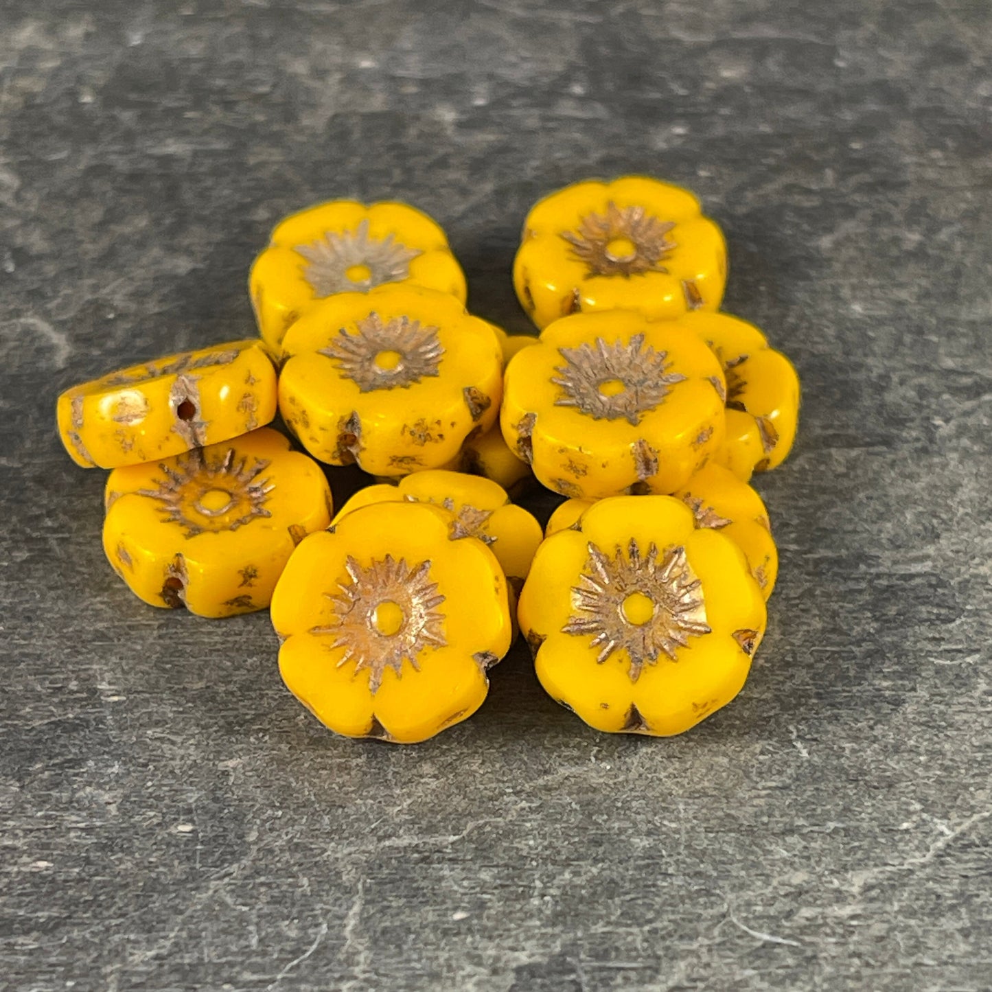 Czech Glass Beads - 12mm Dark Yellow Hibiscus Flower Beads ~ Opaque Yellow Glass with Bronze Wash (FL12/RJ-1178) * Qty. 6