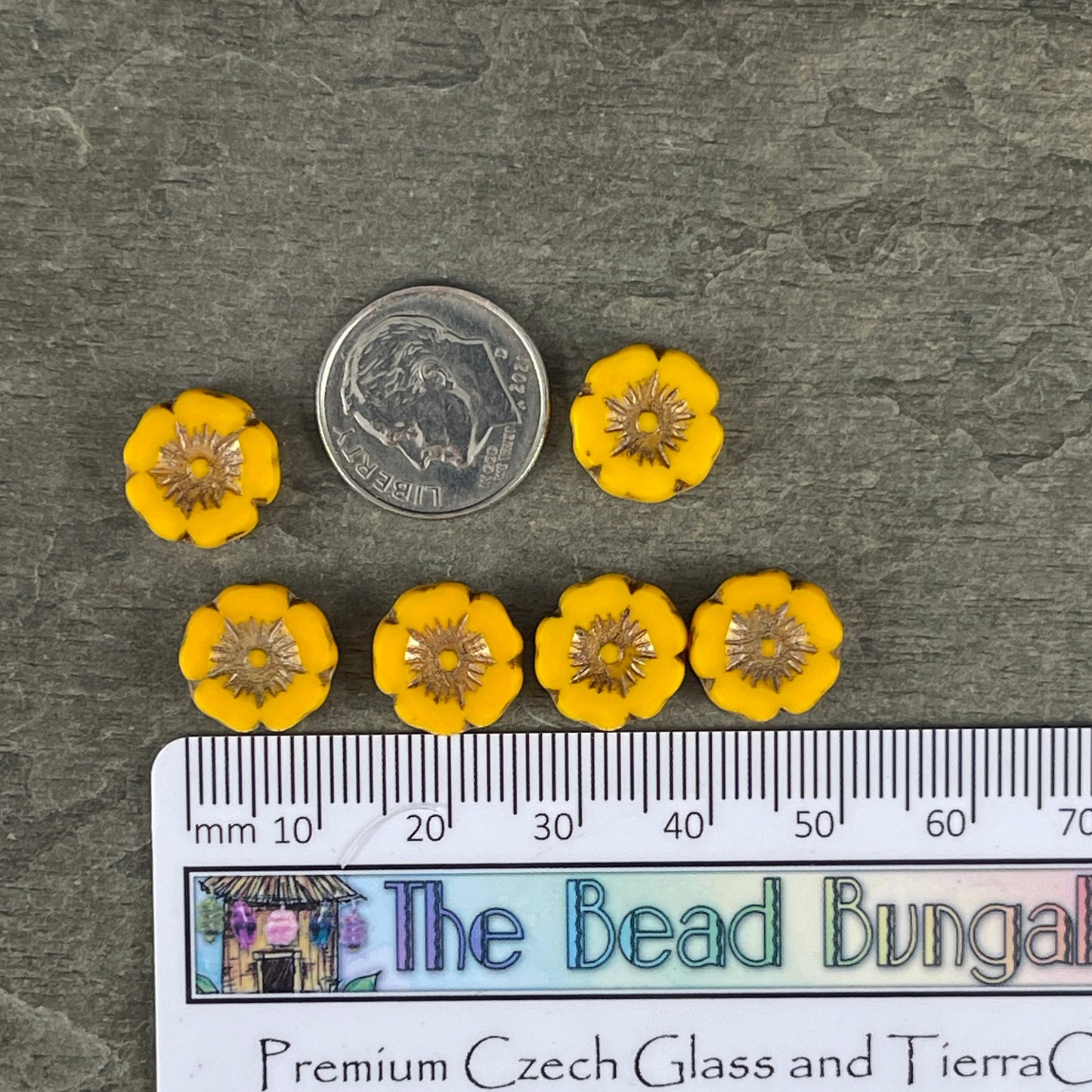 Czech Glass Beads - 12mm Dark Yellow Hibiscus Flower Beads ~ Opaque Yellow Glass with Bronze Wash (FL12/RJ-1178) * Qty. 6