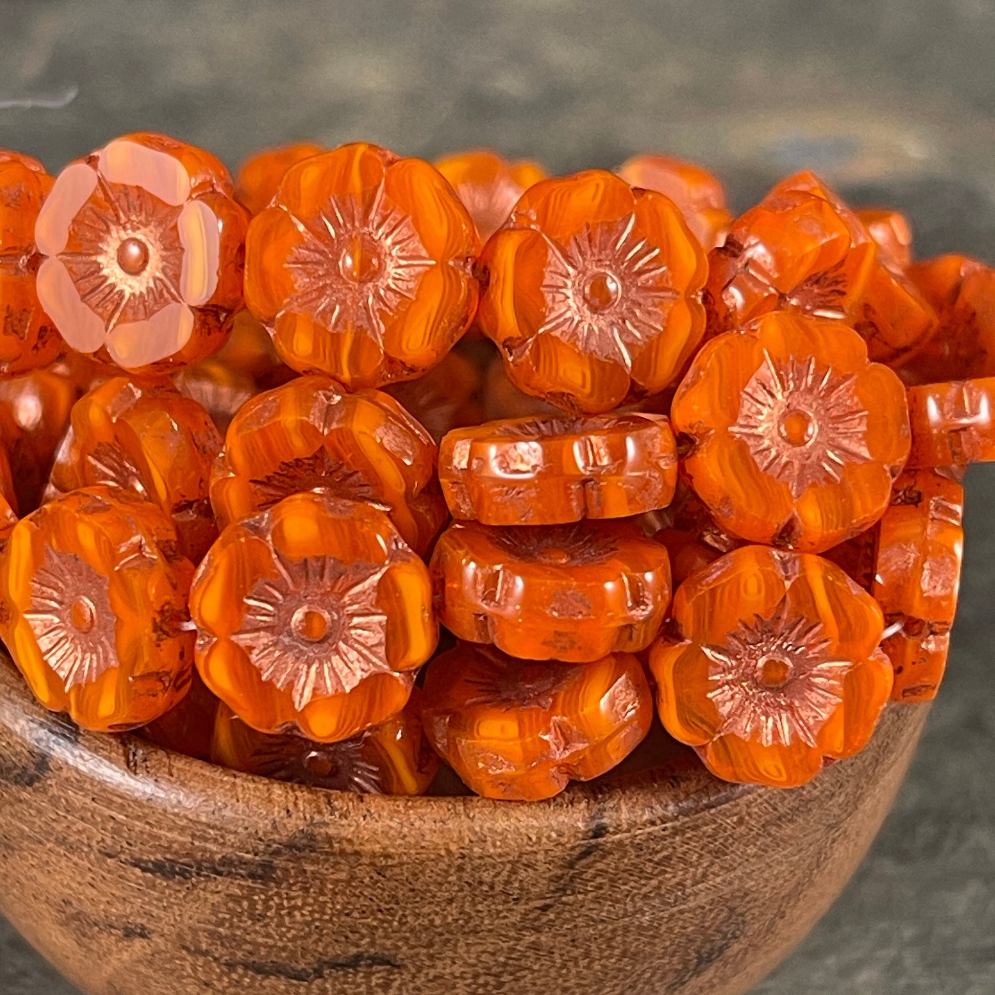 Czech Glass Beads - 12mm Orange Hibiscus Flower Beads ~ Orange Opaline Glass with Copper Wash (FL12/RJ-1169) * Qty. 6