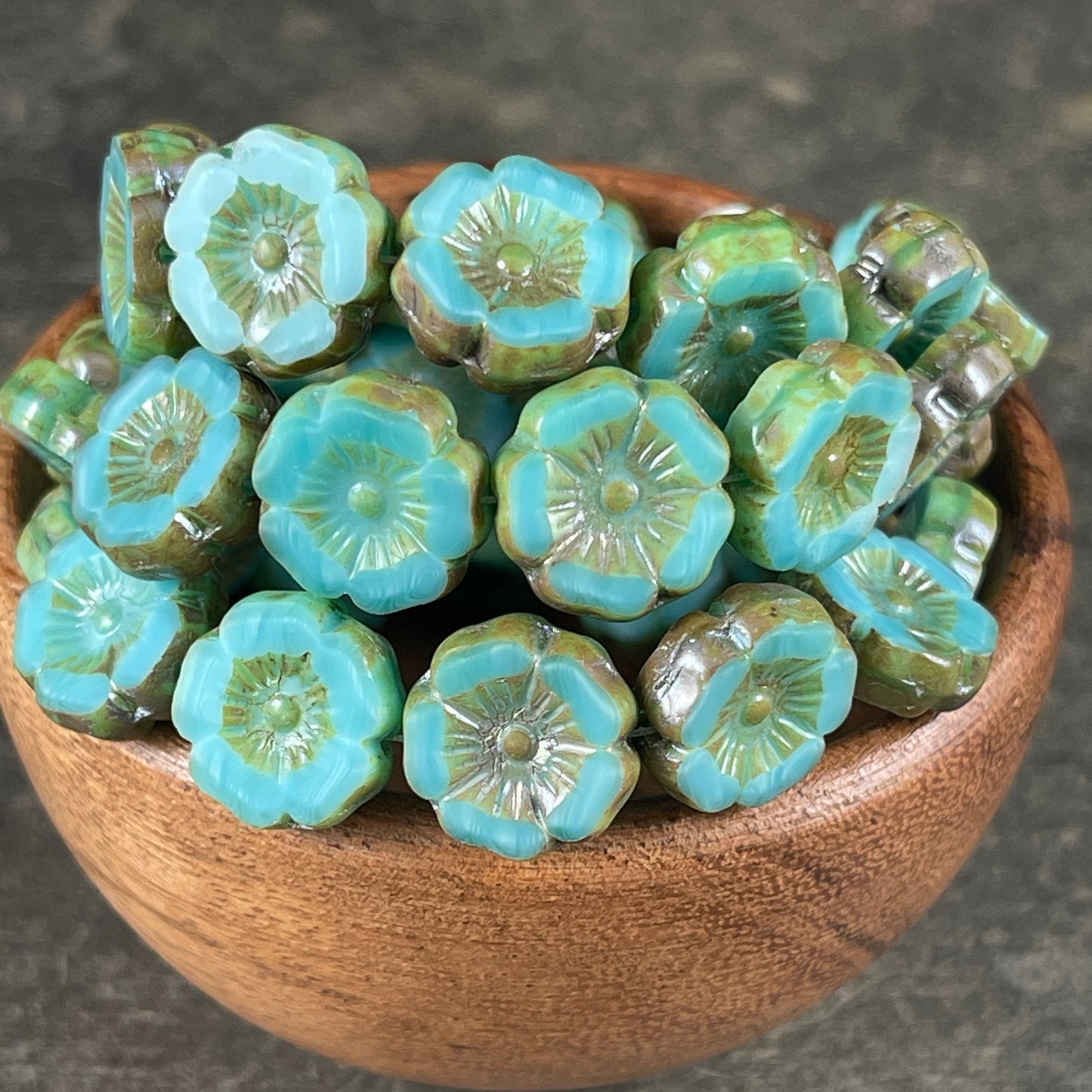 Czech Glass Beads - 12mm Light Turquoise Hibiscus Flower Beads ~ Blue Silk with Luster and Picasso Finishes (FL12/RJ-1193) * Qty. 6