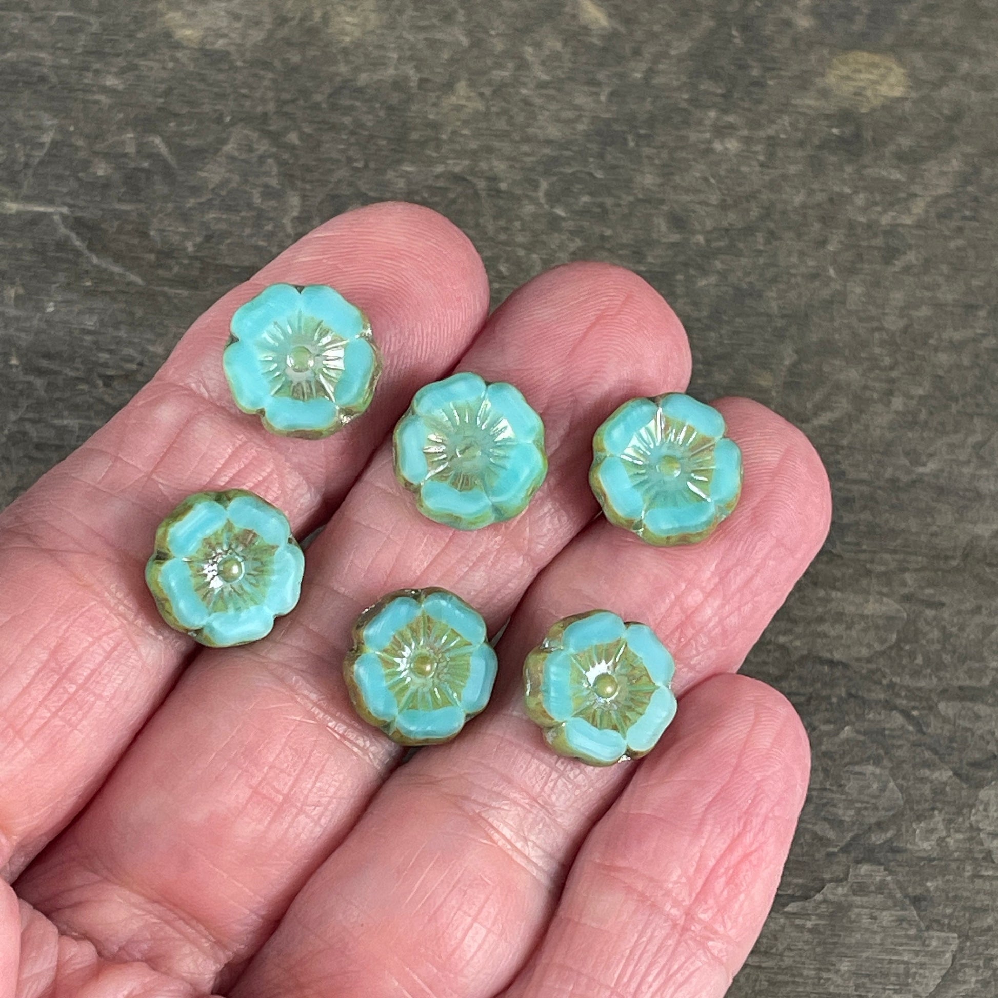 Czech Glass Beads - 12mm Light Turquoise Hibiscus Flower Beads ~ Blue Silk with Luster and Picasso Finishes (FL12/RJ-1193) * Qty. 6