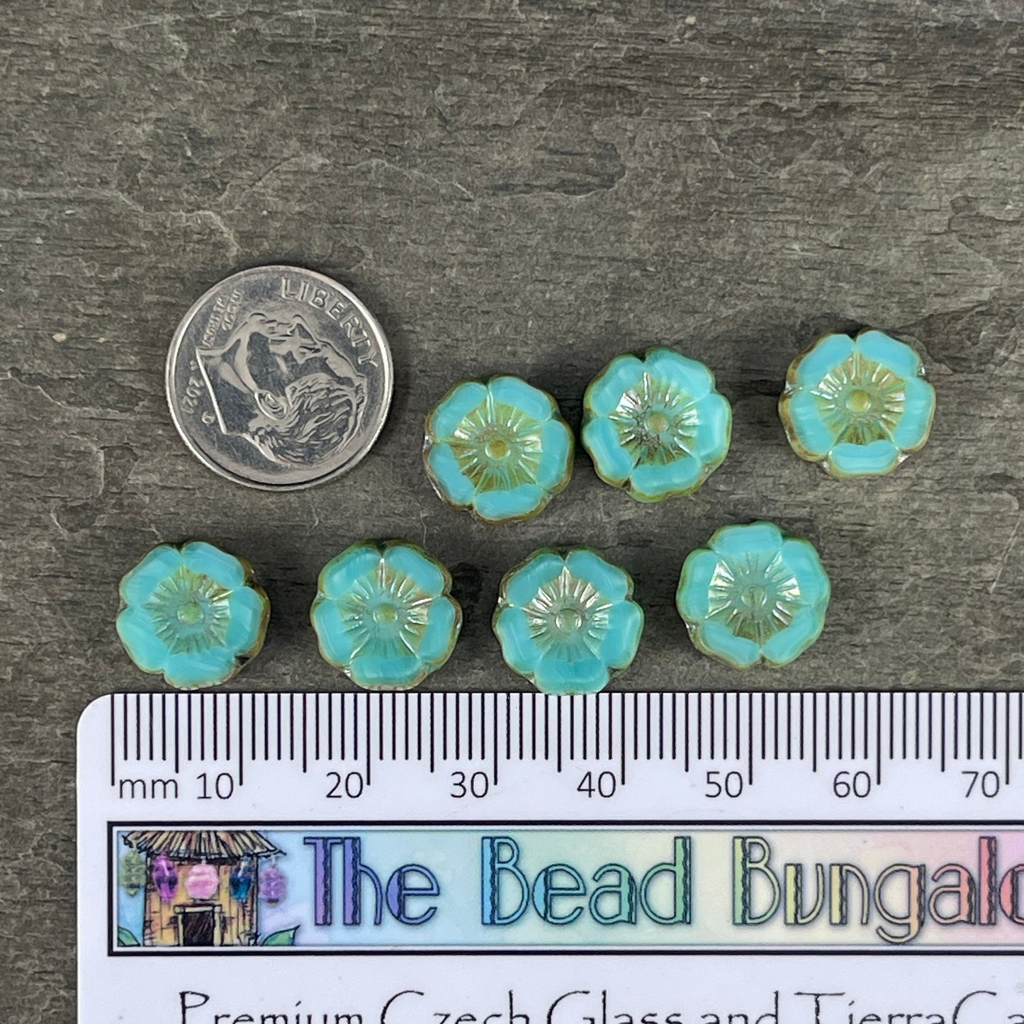 Czech Glass Beads - 12mm Light Turquoise Hibiscus Flower Beads ~ Blue Silk with Luster and Picasso Finishes (FL12/RJ-1193) * Qty. 6