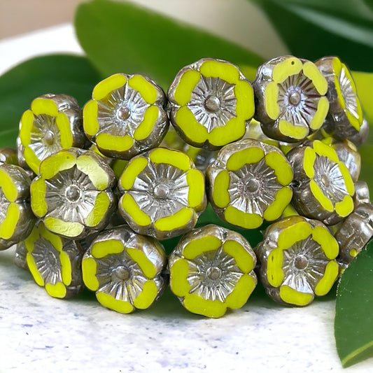 Czech Glass Beads - 12mm Chartreuse Hibiscus Flower Beads ~ Opaque Yellowish Green Glass with Picasso and AB (FL12/RJ-1192) * Qty. 6