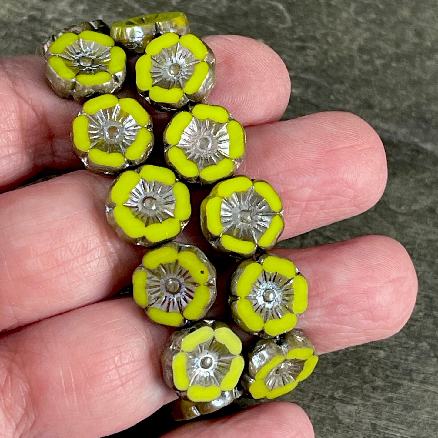 Czech Glass Beads - 12mm Chartreuse Hibiscus Flower Beads ~ Opaque Yellowish Green Glass with Picasso and AB (FL12/RJ-1192) * Qty. 6