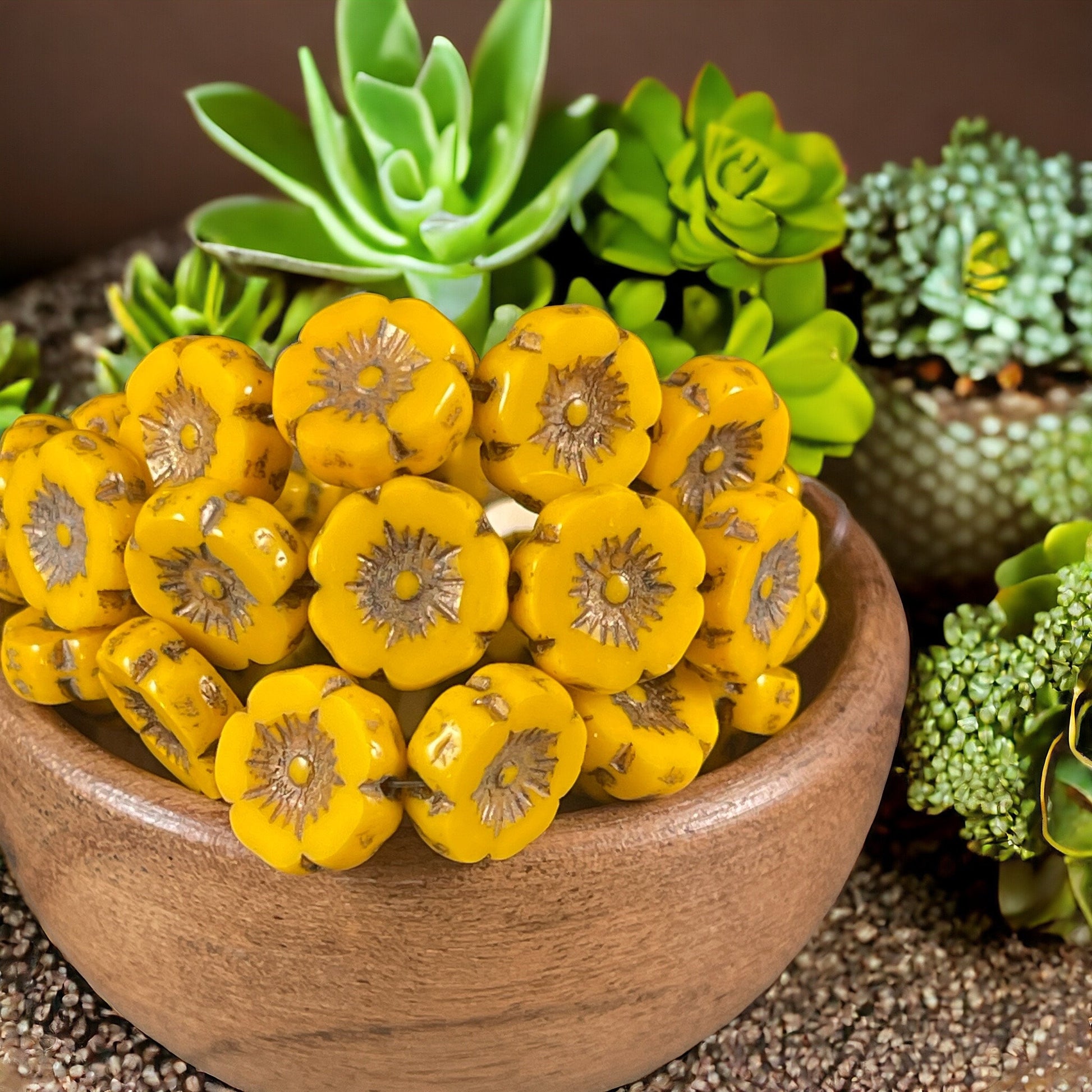 Czech Glass Beads - 12mm Dark Yellow Hibiscus Flower Beads ~ Opaque Yellow Glass with Bronze Wash (FL12/RJ-1178) * Qty. 6