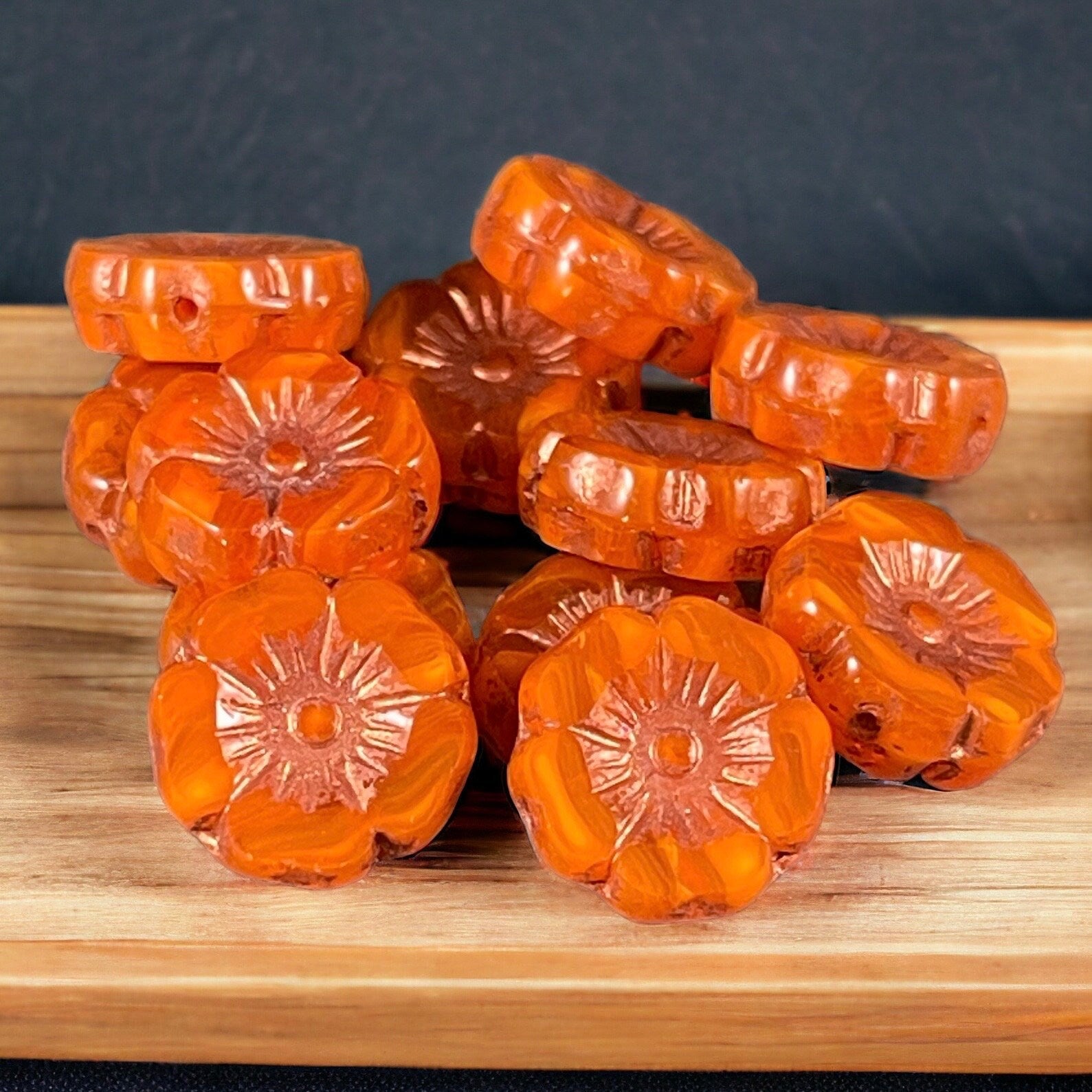 Czech Glass Beads - 12mm Orange Hibiscus Flower Beads ~ Orange Opaline Glass with Copper Wash (FL12/RJ-1169) * Qty. 6