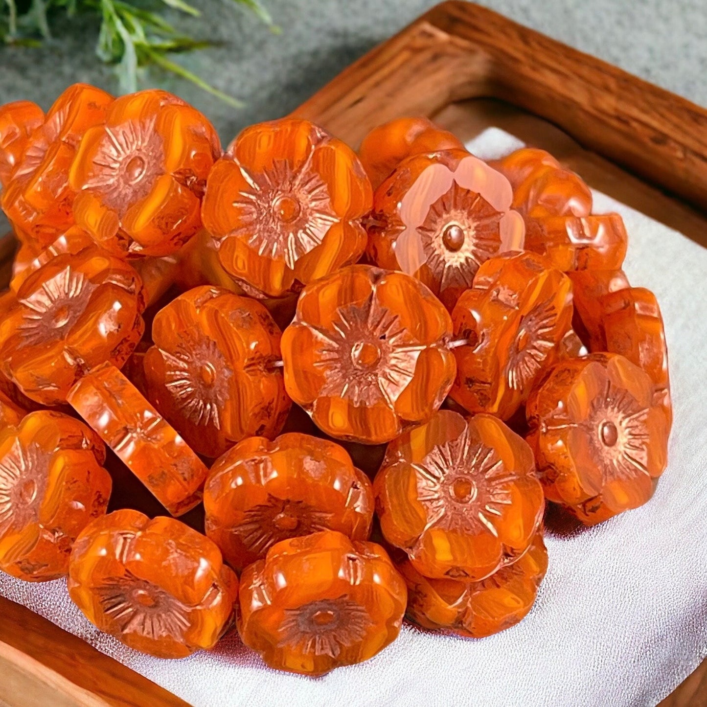 Czech Glass Beads - 12mm Orange Hibiscus Flower Beads ~ Orange Opaline Glass with Copper Wash (FL12/RJ-1169) * Qty. 6