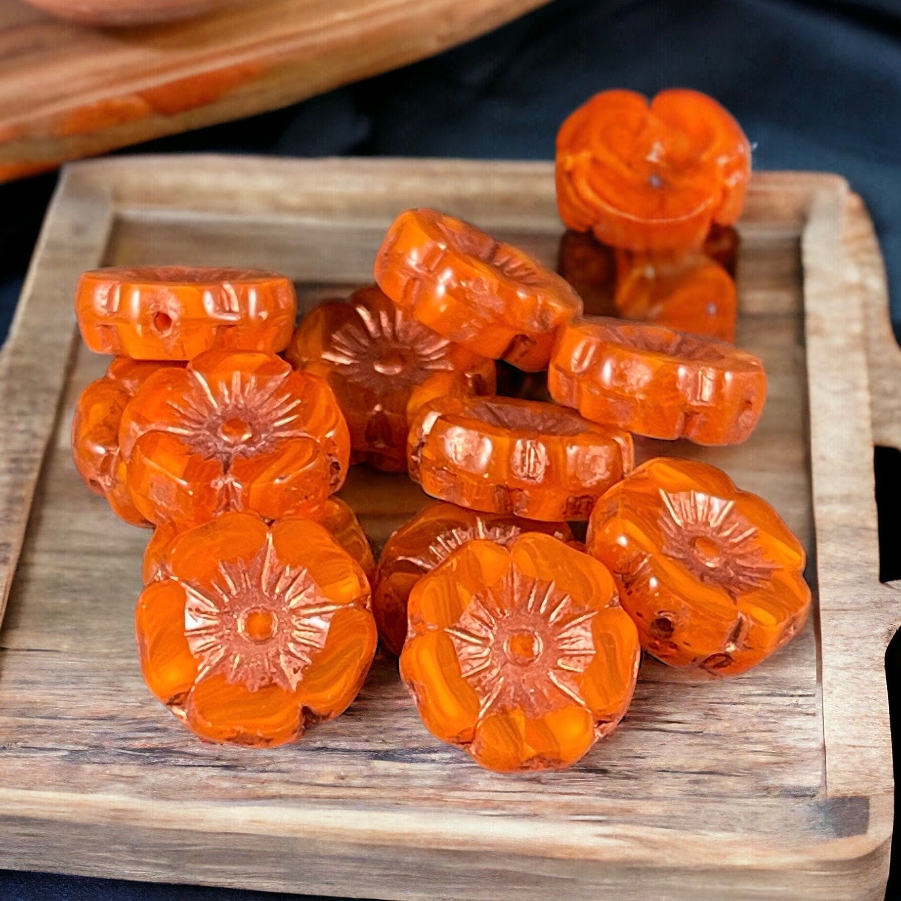 Czech Glass Beads - 12mm Orange Hibiscus Flower Beads ~ Orange Opaline Glass with Copper Wash (FL12/RJ-1169) * Qty. 6