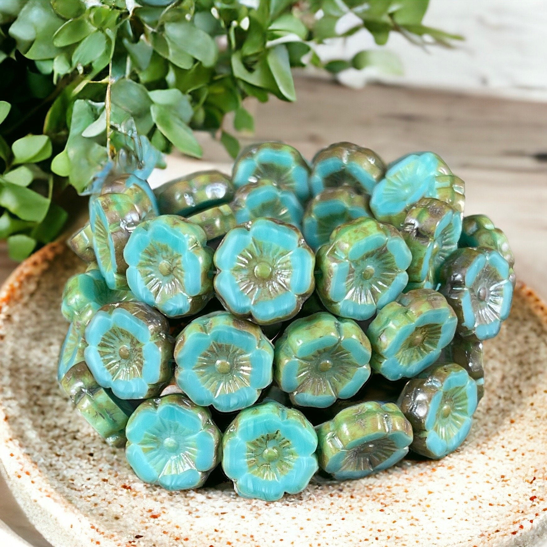 Czech Glass Beads - 12mm Light Turquoise Hibiscus Flower Beads ~ Blue Silk with Luster and Picasso Finishes (FL12/RJ-1193) * Qty. 6