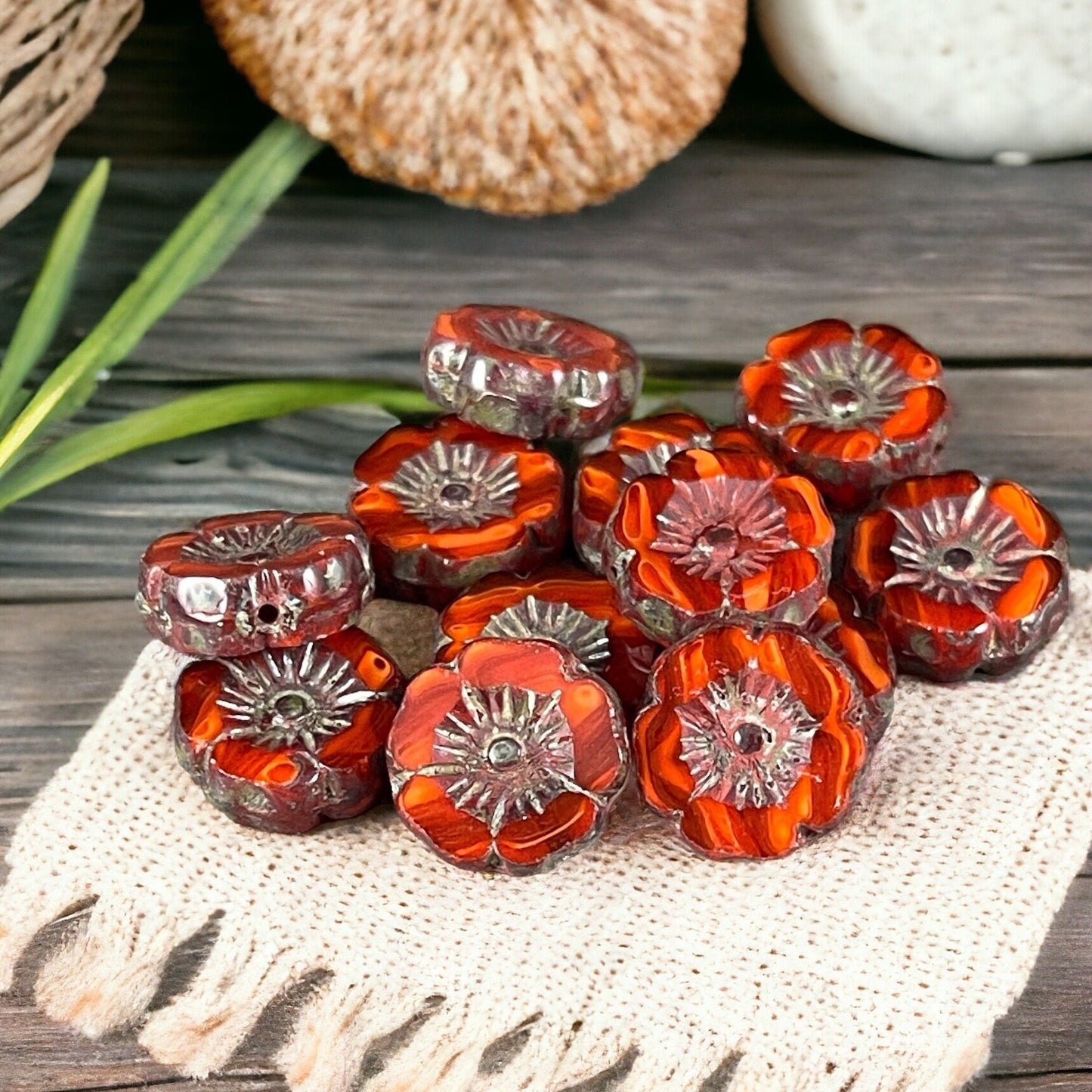 Czech Glass Beads - 12mm Dark Orange Hibiscus Flower Beads ~ Reddish Orange Two-Tone Glass with Picasso Finish (FL12/RJ-1148) * Qty. 6