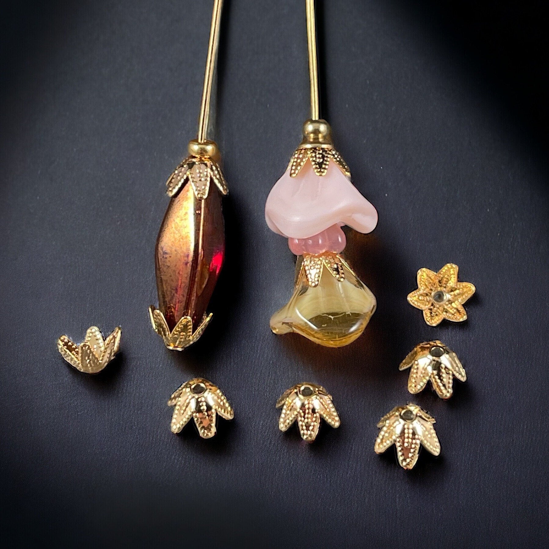 7mm Gold Bead Caps ~ Tapered Petal, Cone Shaped Bead Caps ~ Gold Plated Brass Bead Caps (BC-5592) * Qty. 30