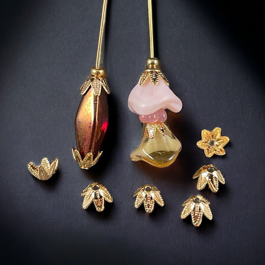 7mm Gold Bead Caps ~ Tapered Petal, Cone Shaped Bead Caps ~ Gold Plated Brass Bead Caps (BC-5592) * Qty. 30
