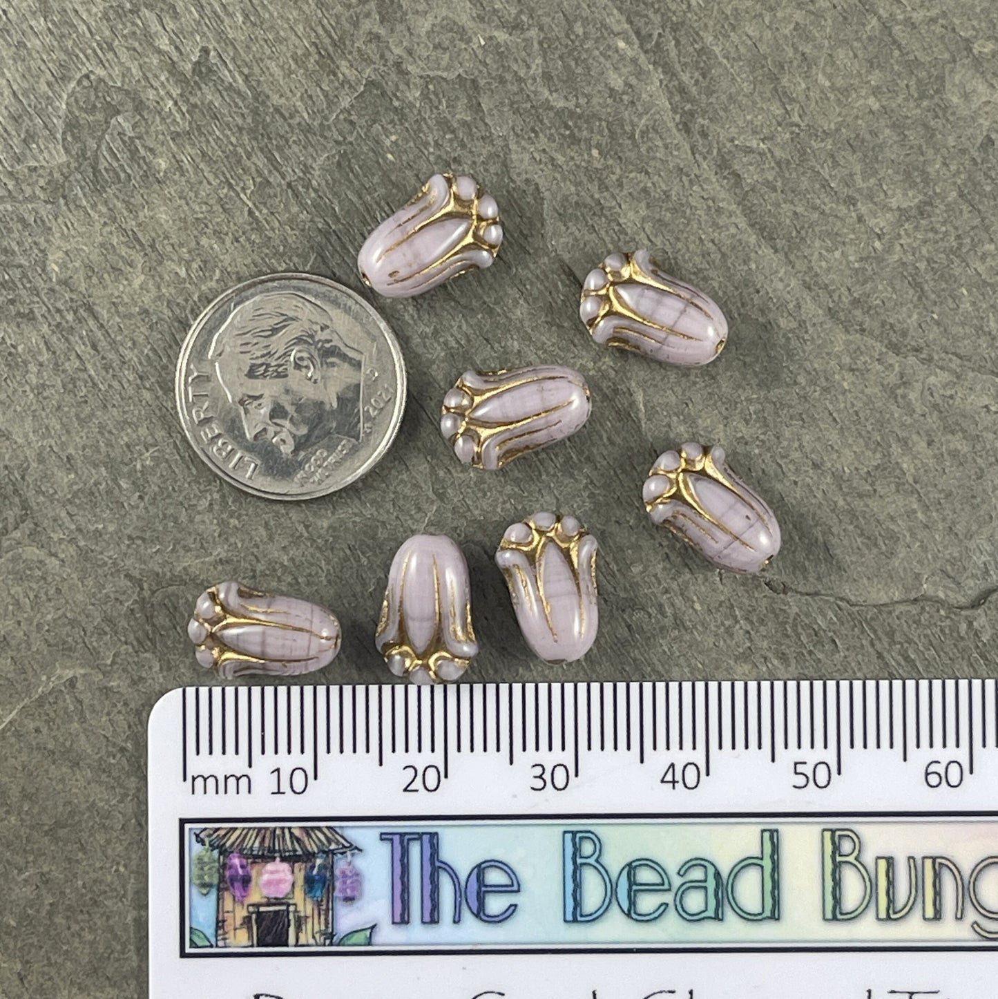 Light Purple Lily Bud Beads with Gold Wash, Czech Glass Beads, 12x8mm Flower Bud (LBud13) * Qty. 12