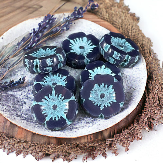 Czech Glass Beads - 12mm Purple and Blue Hibiscus Flower Beads ~ Opaque Lavender with Turquoise Wash (FL12/RJ-1154) * Qty. 6