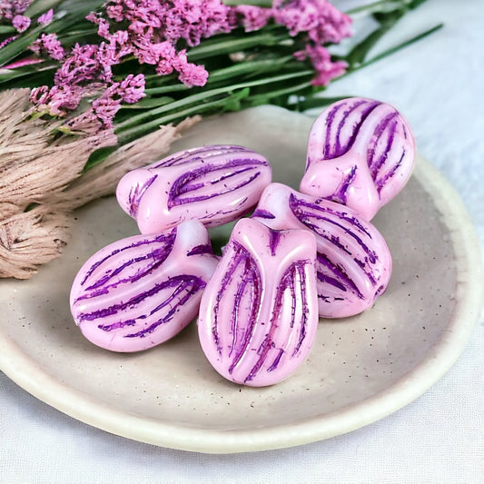 Pink Czech Glass Flower - 16x11 Tulip Beads - Czech Glass Beads - Pink and White Flower with Purple Wash (PTul-18) * Qty. 4