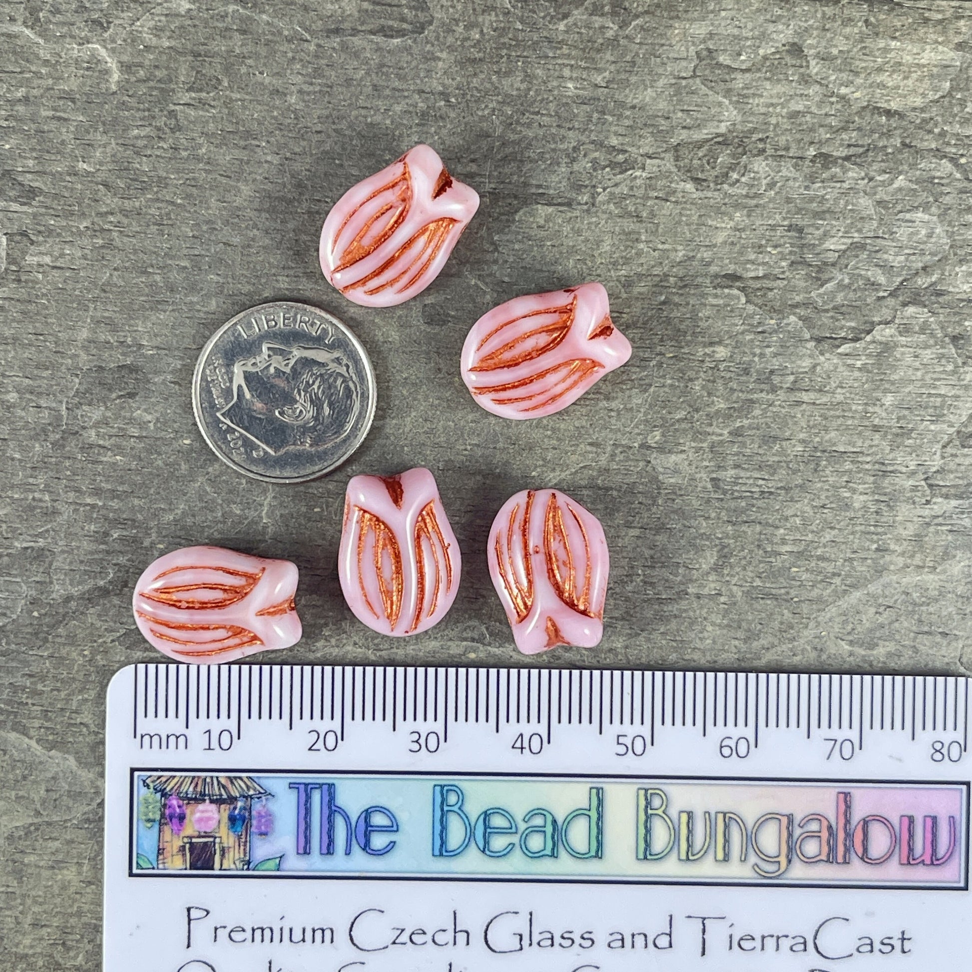 Pink Silk Glass Flower, Czech Glass Flower, 16x11 Tulip Beads, Czech Glass Beads, Pink and White Flower with Copper Wash (PTul-3) * Qty. 4