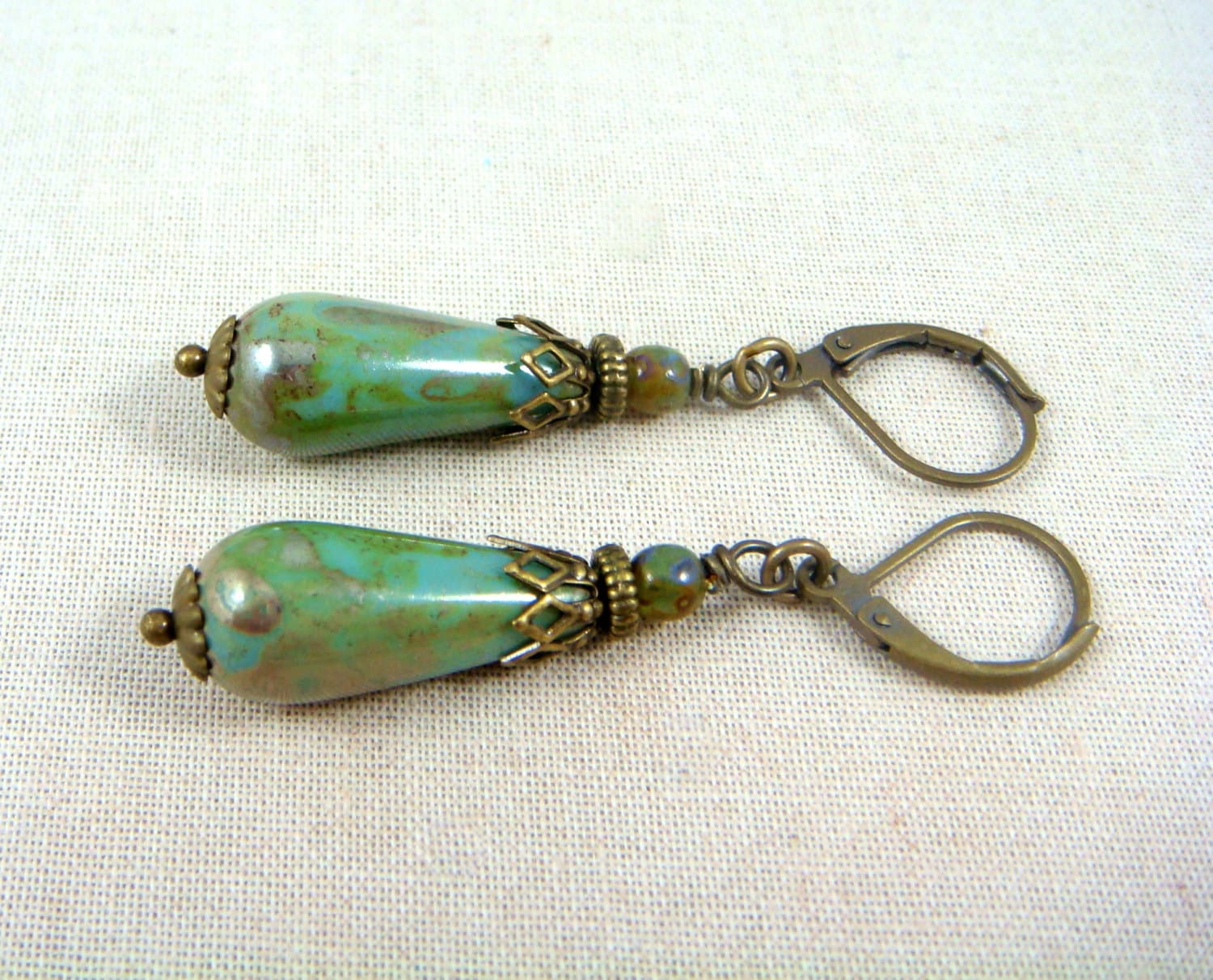 20x9mm Turquoise Teardrop Beads ~ Czech Glass Beads ~ Elongated Teardrop Turquoise with Bronze Luster Picasso (DRO/N-0649) * Qty. 6
